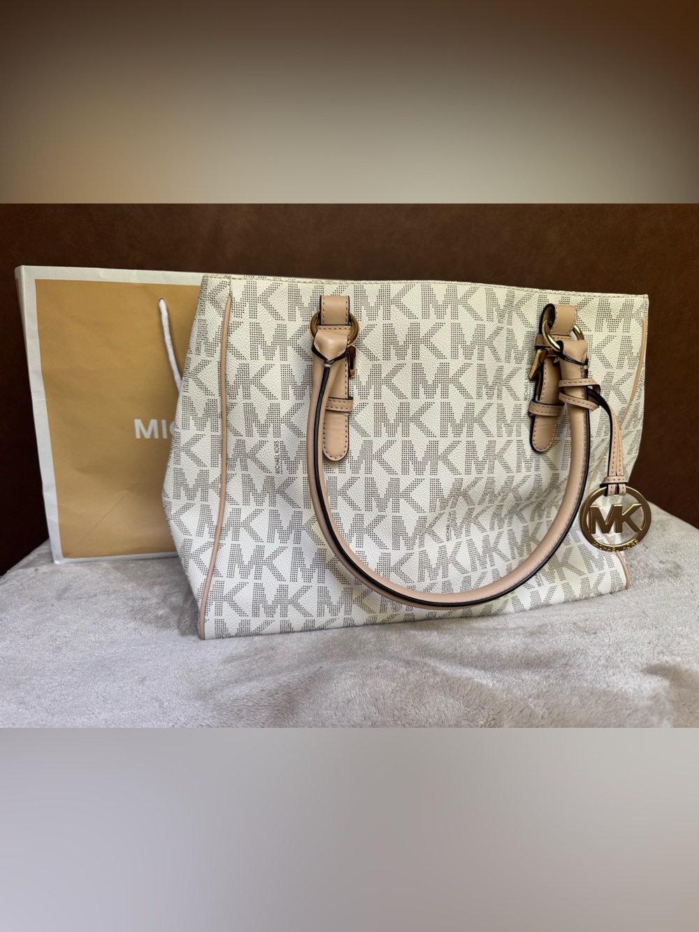 Michael Kors Cream MK Logo Tote with Beige Trim